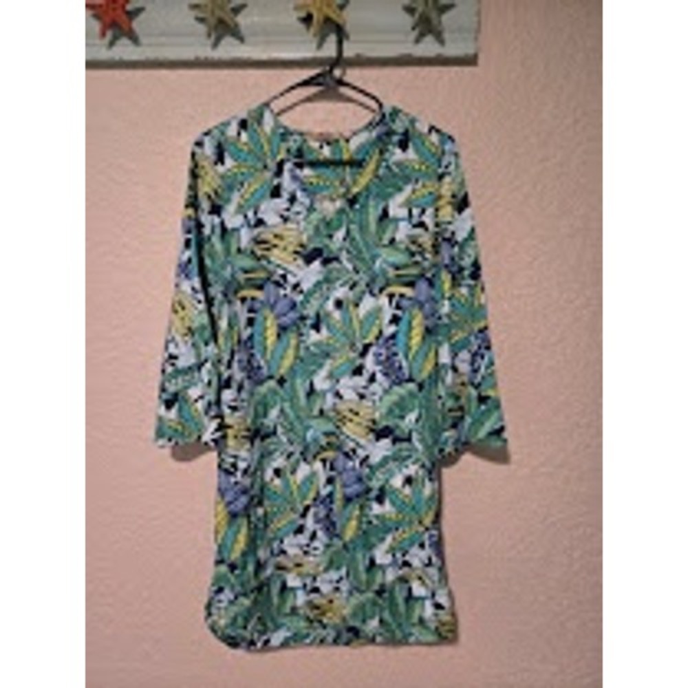 Soft Surroundings Tropical Palm Print Linen Blend Tunic Top XS Green Blue 2GH11